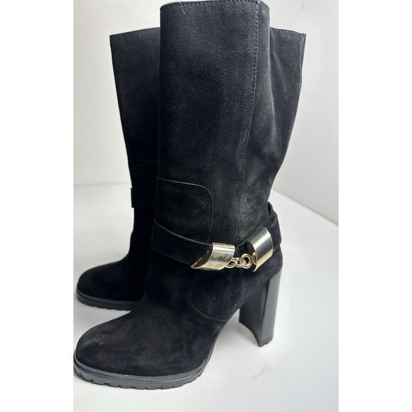 Stuart Weitzman Black Suede Moto Boots Gold Chain Lug Sole US 6.5/7 Size 37 - Picture 3 of 11